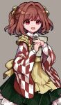  1girl apron bell book character_name checkered checkered_clothes checkered_kimono checkered_shirt commentary_request hair_bell hair_ornament happy holding holding_book japanese_clothes jingle_bell kimono motoori_kosuzu open_mouth pixel_art red_eyes redhead risui_(suzu_rks) shirt short_hair touhou twintails two_side_up yellow_apron 