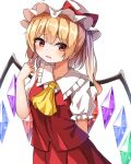  1girl blonde_hair blush bow crystal flandre_scarlet frilled_shirt frilled_skirt frilled_sleeves frills gem hat hat_ribbon highres kiui_(dagk8254) long_hair looking_at_viewer looking_to_the_side mob_cap puffy_sleeves red_bow red_eyes red_ribbon red_vest ribbon shirt short_hair short_sleeves side_ponytail simple_background skirt solo touhou vest wings 