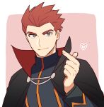  1boy black_cape cape closed_mouth commentary_request finger_heart grey_eyes grey_jacket hand_up heart jacket lance_(pokemon) long_sleeves male_focus pokemon pokemon_(game) pokemon_hgss popped_collar redhead short_hair smile solo spiky_hair y_(036_yng) 