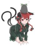  1girl ? \||/ all_fours animal_ears animal_on_head bird bird_on_head bow braid cat_ears cat_tail closed_mouth dress green_dress hair_bow kaenbyou_rin light_smile long_sleeves looking_ahead multiple_tails nekomata on_head red_eyes redhead reiuji_utsuho reiuji_utsuho_(bird) simple_background solo tail touhou twin_braids two_tails white_background yagi_(sinnsyou) 