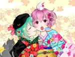  2girls :o ahoge alternate_costume animal_on_head beret black_headwear blue_kimono blush bunny_on_head cat closed_eyes closed_mouth commentary eyebrows_visible_through_hair floral_print flower green_hair green_kimono hair_between_eyes hair_flower hair_ornament hat hat_ribbon heads_together japanese_clothes kimono komeiji_koishi komeiji_satori lips long_sleeves looking_at_viewer multiple_girls nuzzle okumura_neri on_head open_mouth pink_eyes pink_flower pink_hair pink_ribbon pink_rose rabbit red_flower red_rose ribbon rose rose_print short_hair short_hair_with_long_locks siblings sisters sleeves_past_fingers sleeves_past_wrists teeth touhou upper_body upper_teeth wide_sleeves 