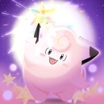  :d arm_up black_eyes blush_stickers clefairy commentary_request fang full_body head_tilt highres korean_commentary looking_at_viewer no_humans open_mouth pokemon pokemon_(creature) smile solo sparkling_eyes tongue wowyou 
