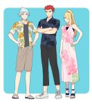  1girl 2boys alternate_costume alternate_hairstyle bangs black_pants blonde_hair blue_background blue_eyes border closed_mouth collared_shirt commentary_request crossed_arms cynthia_(pokemon) dress floral_print full_body grey_hair hands_on_hips jewelry knees lance_(pokemon) long_hair multiple_boys open_clothes open_shirt outside_border pants pink_dress pokemon pokemon_(game) pokemon_dppt pokemon_hgss pokemon_oras ponytail redhead ring sandals shirt shoes short_hair short_sleeves shorts smile spiky_hair standing steven_stone toes undershirt white_border y_(036_yng) 