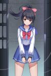  1girl absurdres black_hair bow brown_eyes character_request clenched_hands collarbone commentary_request copyright_request cuffs dress eyebrows_visible_through_hair haimei1980 hair_bow handcuffs highres long_hair looking_at_viewer ponytail prison_cell sailor_collar sailor_dress sailor_shirt shirt smile solo standing 