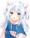  1girl :o animal_ear_fluff animal_ears bangs blue_eyes blue_shirt blurry blush cat_ears depth_of_field eyebrows_visible_through_hair fang from_above gawr_gura hair_ornament highres hololive hololive_english kokoshira_0510 long_hair open_mouth shirt silver_hair simple_background sitting skin_fang soft_focus solo wariza white_background 