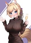  1girl animal_ear_fluff animal_ears arknights bangs black_sweater blonde_hair blue_eyes blush breasts bright_pupils cup dress drinking_glass hands_up highres horse_ears horse_girl horse_tail large_breasts long_hair long_sleeves looking_at_viewer noria_nada open_mouth ponytail ribbed_sweater short_eyebrows smile solo sweater sweater_dress swept_bangs tail waving whislash_(arknights) 