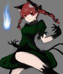  1girl animal_ears bad_hands blue_fire bow braid breasts cat_ears cat_tail dress extra_ears eyebrows_behind_hair feet_out_of_frame fire forked_tail green_dress grey_background hair_bow highres hitodama kaenbyou_rin long_hair looking_at_viewer medium_breasts moor multiple_tails nekomata red_eyes redhead skull smile solo tail touhou twin_braids 