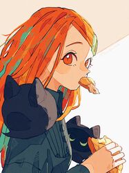  1girl 99_yen_(tsubura) animal_on_shoulder aqua_hair artist_name bread cat eating food highres holding holding_food long_hair long_sleeves melon_bread mouth_hold multicolored_hair orange_eyes orange_hair original solo sweater two-tone_hair upper_body 