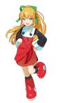  1girl :d bangs blonde_hair blue_eyes boots commentary_request dress full_body green_ribbon hair_between_eyes hair_ribbon highres koyoi_mitsuki long_hair long_sleeves looking_at_viewer mega_man_(classic) mega_man_(series) open_mouth ponytail red_footwear ribbon roll_(mega_man) smile solo standing standing_on_one_leg 
