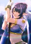 1girl blue_hair breasts closed_mouth gloves judith long_hair looking_at_viewer midriff noie_(neunteedelstein) pointy_ears smile solo tales_of_(series) tales_of_vesperia