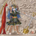  1girl adapted_costume arm_ribbon arm_strap armor barefoot barefoot_sandals blue_eyes blue_hair bow breasts cave centipede_print commentary_request green_shirt green_skirt grin helmet highres himemushi_momoyo holding holding_pickaxe japanese_armor jewelry kabuto_(helmet) leg_ribbon leg_strap long_hair looking_at_viewer medium_breasts messy_hair orange_bow orange_ribbon orange_sash oversized_object pickaxe red_ribbon ribbon ring rope shirt short_sleeves shovel skirt skirt_set smile standing toes touhou very_long_hair wide_sleeves 