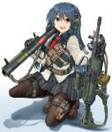  1girl absurdres blue_hair brown_eyes brown_footwear brown_gloves cloud9 earmuffs gloves grey_jacket gun highres jacket long_hair looking_at_viewer m72_law machine_gun mikeran_(mikelan) military necktie original pantyhose plaid plaid_skirt red_necktie rocket_launcher skirt smile solo squatting thigh_pouch thigh_strap weapon weapon_request white_background 