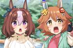  +_+ 2girls @_@ ahoge blue_ribbon brown_hair clover_hair_ornament commentary_request daruma_doll eyebrows_visible_through_hair hair_between_eyes hair_ornament hair_ribbon hand_on_shoulder holding holding_phone long_sleeves looking_at_viewer matikanefukukitaru_(umamusume) meisho_doto_(umamusume) multicolored_hair multiple_girls open_mouth orange_hair phone pointing red_shirt ribbon shirt short_hair streaked_hair surprised tenten_(chan4545) triangle_mouth turtleneck two-tone_hair umamusume v-shaped_eyebrows violet_eyes wide-eyed yellow_eyes 