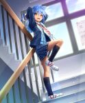  1girl absurdres blue_hair dark-skinned_female dark_skin flat_chest gift_bag highres mitsukuni navel plaid plaid_skirt pleated_skirt school school_uniform short_hair skirt solo soui stairs standing standing_on_one_leg violet_eyes wixoss 