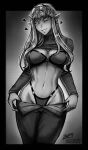  1girl artist_name bra breasts clothes_pull commentary cowboy_shot earrings english_commentary greyscale heart highres iahfy jewelry long_hair long_sleeves looking_at_viewer medium_breasts monochrome navel one_eye_closed panties pants pants_pull parted_lips patreon_username pointy_ears princess_zelda pulled_by_self solo teeth the_legend_of_zelda the_legend_of_zelda:_twilight_princess twitter_username underwear watermark 