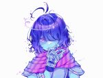  1other armor bandaid bandaid_on_arm blue_hair blue_skin colored_skin deltarune fingerless_gloves g_c_hori gloves hand_up highres kris_(deltarune) looking_at_viewer medium_hair pink_nails pink_scarf scarf simple_background solo upper_body violet_eyes white_background 