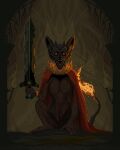  cape creature elden_ring erdtree_burial_watchdog fiery_tail glowing glowing_eyes highres holding holding_sword holding_weapon looking_at_viewer open_mouth pixel_art pixelianska red_cape solo sword tail torch weapon 