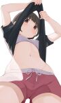  1girl bangs black_hair black_shirt blush bob_cut bra breasts brown_eyes closed_mouth clothes_lift dolphin_shorts eyebrows_visible_through_hair from_below groin hands_up highres hiroki_(yyqw7151) lifted_by_self looking_down navel original red_shorts ribbon shirt shirt_lift short_hair short_sleeves shorts small_breasts solo stomach t-shirt thighs underwear white_background white_bra 