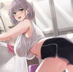  1girl bangs black_shorts breasts eyebrows_visible_through_hair green_eyes grey_hair highres hololive indoors large_breasts looking_at_viewer midriff moisture_(chichi) navel open_mouth shirogane_noel short_hair shorts smile solo tank_top teeth thighs upper_teeth virtual_youtuber white_tank_top 