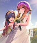  2girls black_hair blush character_name collarbone day dress eyebrows_visible_through_hair flower gradient_hair green_eyes hair_between_eyes hair_ornament hairclip highres holding holding_flower kantai_collection long_hair matsuwa_(kancolle) multicolored_hair multiple_girls open_mouth purple_hair smile tsushima_(kancolle) twitter_username unidentified_nk white_dress yellow_eyes yellow_flower 