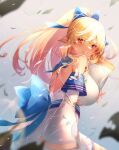  1girl blonde_hair bow breasts clothing_cutout detached_sleeves dress highres hololive kinoko_(shikimylove) large_breasts long_hair looking_back orange_eyes pointy_ears shiranui_flare underboob_cutout virtual_youtuber white_dress wind 