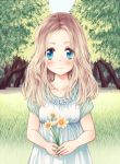  aqua_eyes blonde_hair blush dress flower grass highres nature solo summer_dress tokunou_shoutarou tree 