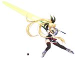 bardiche blonde_hair energy_sword fate_testarossa gauntlets hair_ribbon huge_weapon lyrical_nanoha mahou_shoujo_lyrical_nanoha mahou_shoujo_lyrical_nanoha_strikers red_eyes ribbon solo sword tebukuro thigh-highs thighhighs twintails weapon 