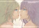  blonde_hair blue_eyes close engrish face incipient_kiss kagamine_rin lips megurine_luka nude pink_hair profile ranguage senbei_(roof-lock) short_hair vocaloid yuri 