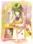  arm_support bokuto book bow desk eraser green_eyes green_hair gumi pencil seifuku sweater_vest traditional_media vocaloid watercolor_(medium) 