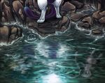  1girl ai2 blue_eyes brown_eyes cave gelium green_hair mew mewtwo pokemon pokemon_(creature) reflection water 