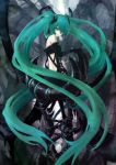  1girl bare_shoulders black_rock_shooter black_rock_shooter_(character) black_rock_shooter_(cosplay) boots cosplay elbow_gloves from_behind gloves green_eyes green_hair hatsune_miku highres long_hair looking_back shanpao sitting solo twintails very_long_hair vocaloid 
