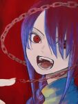  1girl bangs black_hair braid braided_ponytail chain chainsaw_man hair_over_one_eye highres looking_at_viewer medium_hair nayuta_(chainsaw_man) needbee_r open_mouth red_background red_eyes red_theme ringed_eyes sideways_glance simple_background solo sweater 