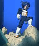  1boy absurdres armor bakarott battle_damage boots clenched_hands closed_mouth dark_blue_hair dragon_ball dragon_ball_super full_body gloves highres male_focus serious solo spiky_hair standing super_saiyan super_saiyan_blue super_saiyan_blue_evolved vegeta white_footwear white_gloves 