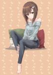  1girl alternate_costume barefoot brown_eyes brown_hair denim full_body grey_pants grey_sweater hair_ornament hairclip highres invisible_chair jeans kantai_collection looking_at_viewer minosu off-shoulder_sweater off_shoulder orange_background pants pillow short_hair short_hair_with_long_locks sitting solo sweater taihou_(kancolle) 
