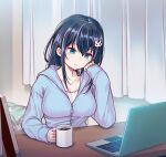  1girl 40hara bangs black_hair blue_eyes computer cup elbow_rest eyebrows_visible_through_hair fujita_ayano_(40hara) hand_on_own_cheek hand_on_own_face head_rest highres holding holding_cup indoors laptop long_hair mug original sitting solo 