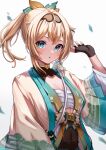  1girl :o absurdres bangs blonde_hair blurry blurry_background chameleon_(chameleon0613) chest_sarashi fingerless_gloves gloves green_eyes hairband hand_up haori highres hololive japanese_clothes katana kazama_iroha looking_at_viewer parted_lips sarashi solo sword upper_body virtual_youtuber weapon weapon_on_back 