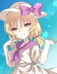  1girl blonde_hair blouse bow breasts closed_mouth commentary_request dutch_angle happy hat hat_bow highres looking_at_viewer louise_(touhou) medium_breasts medium_hair nami7711 necktie purple_bow purple_necktie purple_sailor_collar sailor_collar short_sleeves skirt smile sun_hat tied_hair touhou touhou_(pc-98) twintails white_blouse white_headwear white_skirt yellow_eyes 