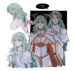  1girl alternate_costume alternate_hair_color alternate_hair_length alternate_hairstyle bangs braid braided_ponytail breasts byleth_(fire_emblem) byleth_eisner_(female) cape closed_mouth cosplay costume_switch english_text enlightened_byleth_(female) fire_emblem fire_emblem:_three_houses green_eyes green_hair highres long_hair oratoza rhea_(fire_emblem) scar seiros_(fire_emblem) solo speech_bubble 