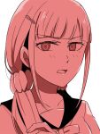  1girl bangs blush collarbone danganronpa_(series) danganronpa_v3:_killing_harmony eyebrows_visible_through_hair grey_background hair_ornament hair_scrunchie hand_up harukawa_maki highres looking_at_viewer low_twintails mole mole_under_eye neck_ribbon open_mouth portrait ribbon sailor_collar scrunchie simple_background solo twintails yukihi_rnp 