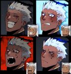  1boy angry blush close-up collared_jacket dark-skinned_male dark_skin expression_chart expressions face facial_tattoo fangs frown glowing glowing_eyes half-closed_eyes halo happy highres israfil_(housamo) lisuchi male_focus open_mouth raised_eyebrows red_eyes sad sideburns smile solo spiky_hair surprised tattoo tokyo_afterschool_summoners tusks white_hair 