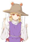  1girl bangs blonde_hair brown_headwear closed_mouth cowboy_shot eyebrows_visible_through_hair eyelashes hair_between_eyes hairband hat highres holding japanese_clothes light_blush long_sleeves looking_at_viewer medium_hair moriya_suwako orange_eyes purple_vest romani_ko_ryu sidelocks simple_background smile solo touhou vest white_background wide_sleeves 