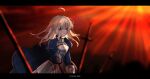  1girl ahoge armor armored_dress artoria_pendragon_(fate) bangs blood blood_on_face blue_dress blurry blurry_background blurry_foreground border breastplate copyright_name dress fate/stay_night fate_(series) faulds floating_hair green_eyes hair_between_eyes highres long_hair looking_afar nayu_tundora planted planted_sword saber silver_hair solo sword weapon 