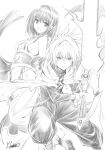  1boy 1girl artist_name cape commentary_request gloves highres iyo_(yamato_gensouki) japanese_clothes looking_at_viewer miko monochrome official_art serious shion_(yamato_gensouki) signature simple_background sketch smile sword weapon white_background yabuki_kentarou yamato_gensouki 
