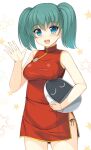  1girl blush breasts china_dress chinese_clothes commentary_request cowboy_shot dress eyebrows_visible_through_hair green_hair hand_up highres honjou_mikaze kageira looking_at_viewer medium_breasts red_dress simple_background sleeveless sleeveless_dress solo stratos_4 twintails 