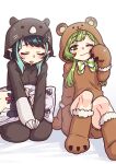  2girls alternate_costume animal_costume animare bangs bear_costume black_hair blue_hair closed_eyes closed_mouth commentary_request dakimakura_(object) demon_girl demon_horns eyebrows_visible_through_hair fang full_body green_eyes green_hair heebee highres hinokuma_ran holding holding_pillow honey_strap horns long_hair looking_at_viewer medium_hair multicolored_hair multiple_girls one_eye_closed onesie open_mouth paw_shoes pillow pointy_ears saliva shishio_chris sidelocks sleepy sugar_lyric suou_patra two-tone_hair virtual_youtuber wombat_costume 