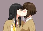  2girls absurdres black_hair blush bottle brown_hair closed_eyes highres kiss long_hair multiple_girls necktie original profile ryuusa school_uniform short_hair simple_background soda soda_bottle swallowing sweatdrop sweater_vest upper_body v-neck yuri 