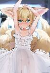  1girl absurdres animal_ear_fluff animal_ears aqua_eyes arknights armpits bangs bare_arms bare_shoulders blonde_hair blurry blurry_background blush center_frills closed_mouth collarbone commentary_request depth_of_field dress fox_ears fox_girl fox_tail frilled_dress frills hair_between_eyes highres kitsune looking_at_viewer rs_(airglow) sleeveless sleeveless_dress solo suzuran_(arknights) tail twitter_username white_dress 