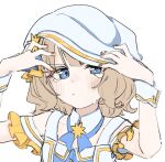  1girl :/ absurdres adjusting_clothes adjusting_headwear arms_up bangs bare_shoulders blue_eyes blunt_bangs blush close-up closed_mouth collarbone crying crying_with_eyes_open detached_collar detached_sleeves face frilled_sleeves frills frown hand_on_headwear highres idolmaster idolmaster_million_live! light_brown_hair looking_at_viewer meeeeeeco359 off_shoulder sad short_hair simple_background solo suou_momoko tears upper_body upset v-shaped_eyebrows wavy_hair white_background wrist_cuffs 
