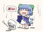  1girl barefoot bloomers blue_hair blush bow chibi cirno closed_eyes dress drooling electric_fan eyebrows_visible_through_hair full_body hair_bow hot ice mouth_drool rokugou_daisuke short_hair simple_background solo standing touhou translation_request underwear wings 