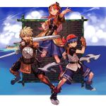  1girl 2boys armor bandana belt blonde_hair blue_eyes blue_hair boots breasts brick_wall buckler chrono_cross clenched_hand clouds double-blade dress dual_wielding glenn gloves green_eyes grey_eyes hair_ribbon hairband hand_on_hip hankuri holding island long_hair looking_at_viewer medium_breasts multiple_boys ocean orange_hair outstretched_arm purple_legwear red_headwear rena_(chrono_cross) ribbon scar serge shield short_hair shorts sky steel-toe_boots sword weapon 